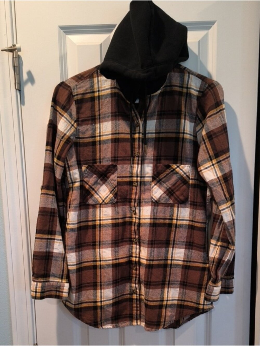 No Boundaries Brown Plaid Shirt Jacket with Black Hood